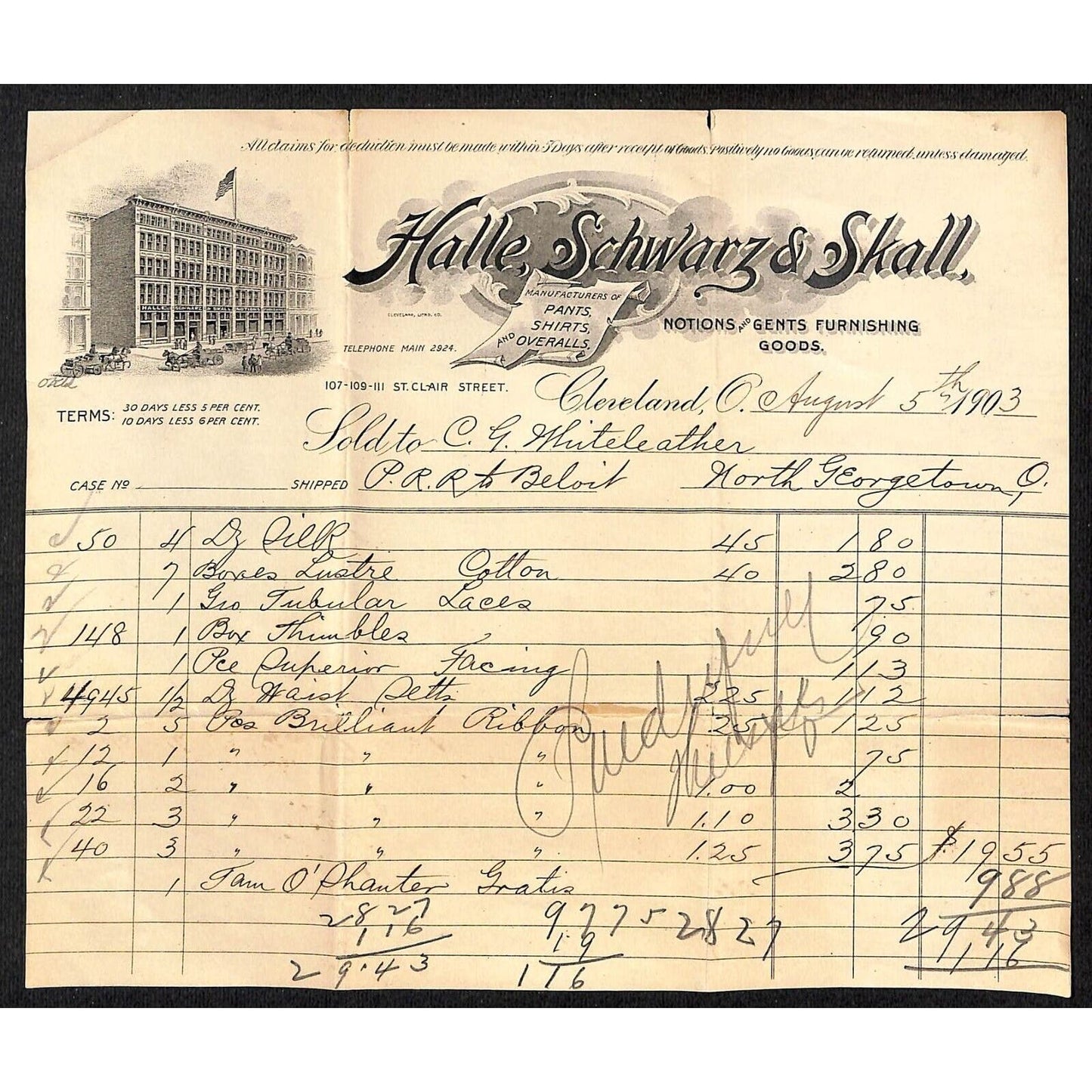Halle, Schwarz & Skall / Whiteleather * N. Georgetown, OH 1903 Billhead & Cover