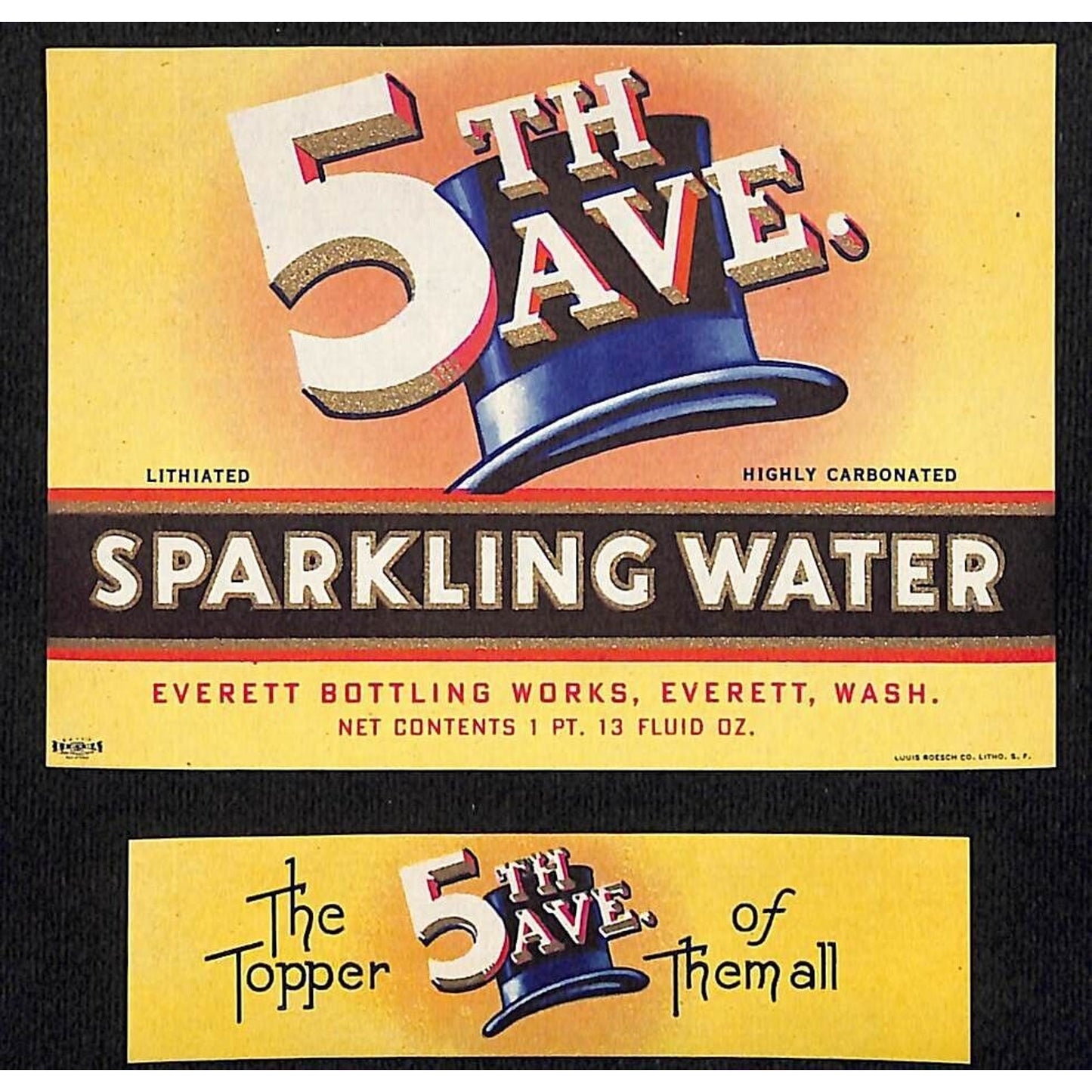 5th Ave. Sparkling Water Everett, WA Top Hat Soda Bottle Label Set c1939