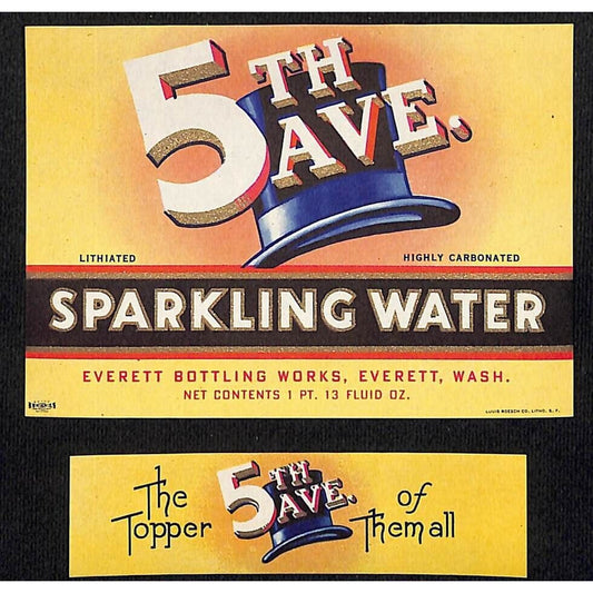 5th Ave. Sparkling Water Everett, WA Top Hat Soda Bottle Label Set c1939