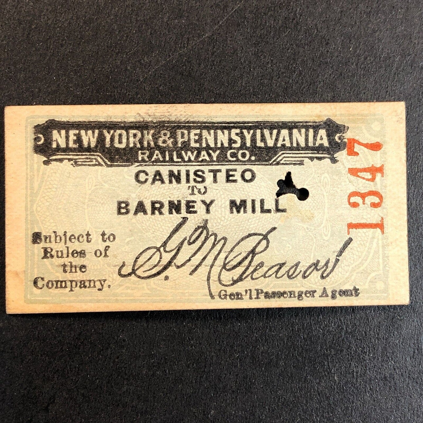 New York & Pennsylvania Railroad July 4 1917 Barney Mill Ticket #1347