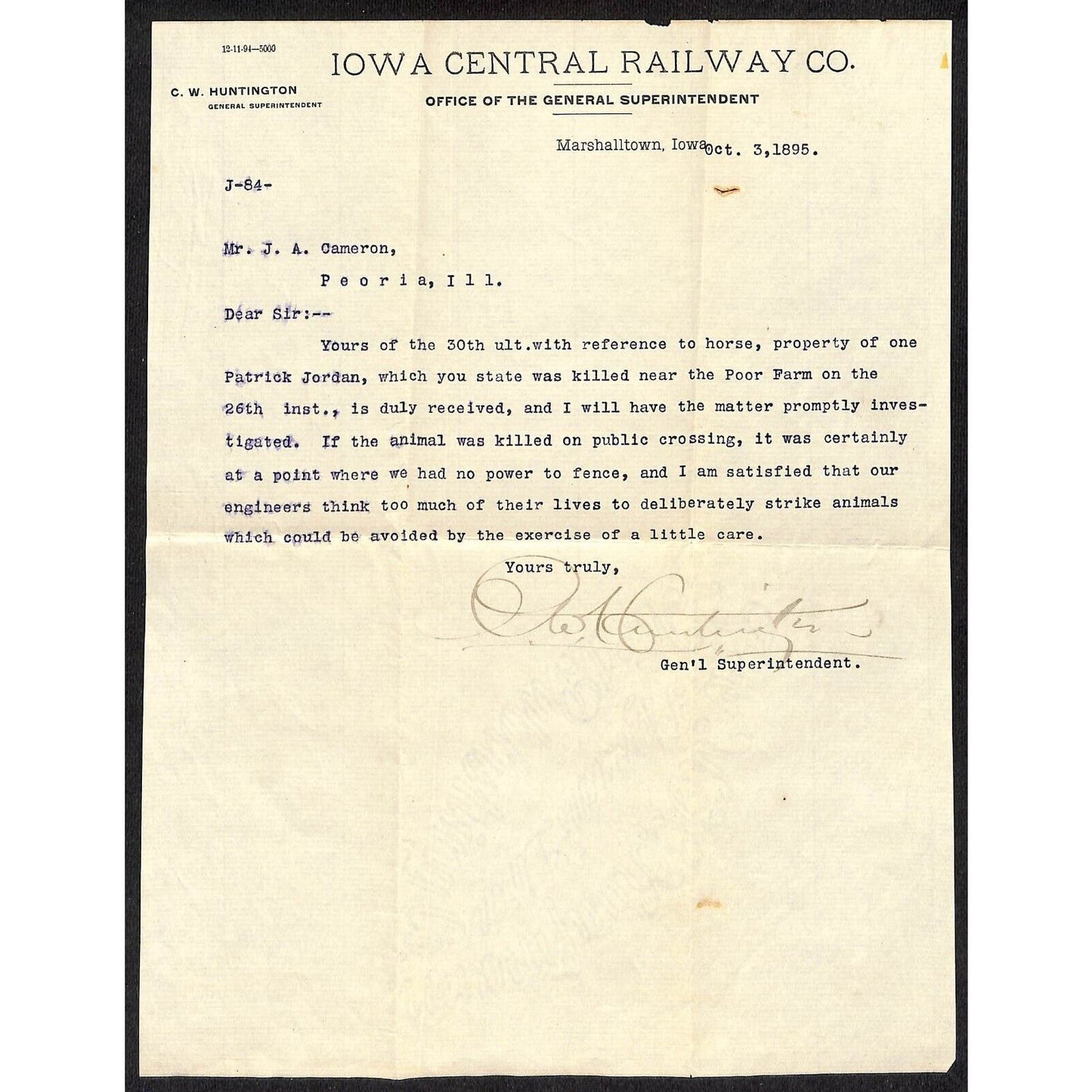 Iowa Central Railway Co. 1895 Letterhead re: "Horse was Killed" & Cover