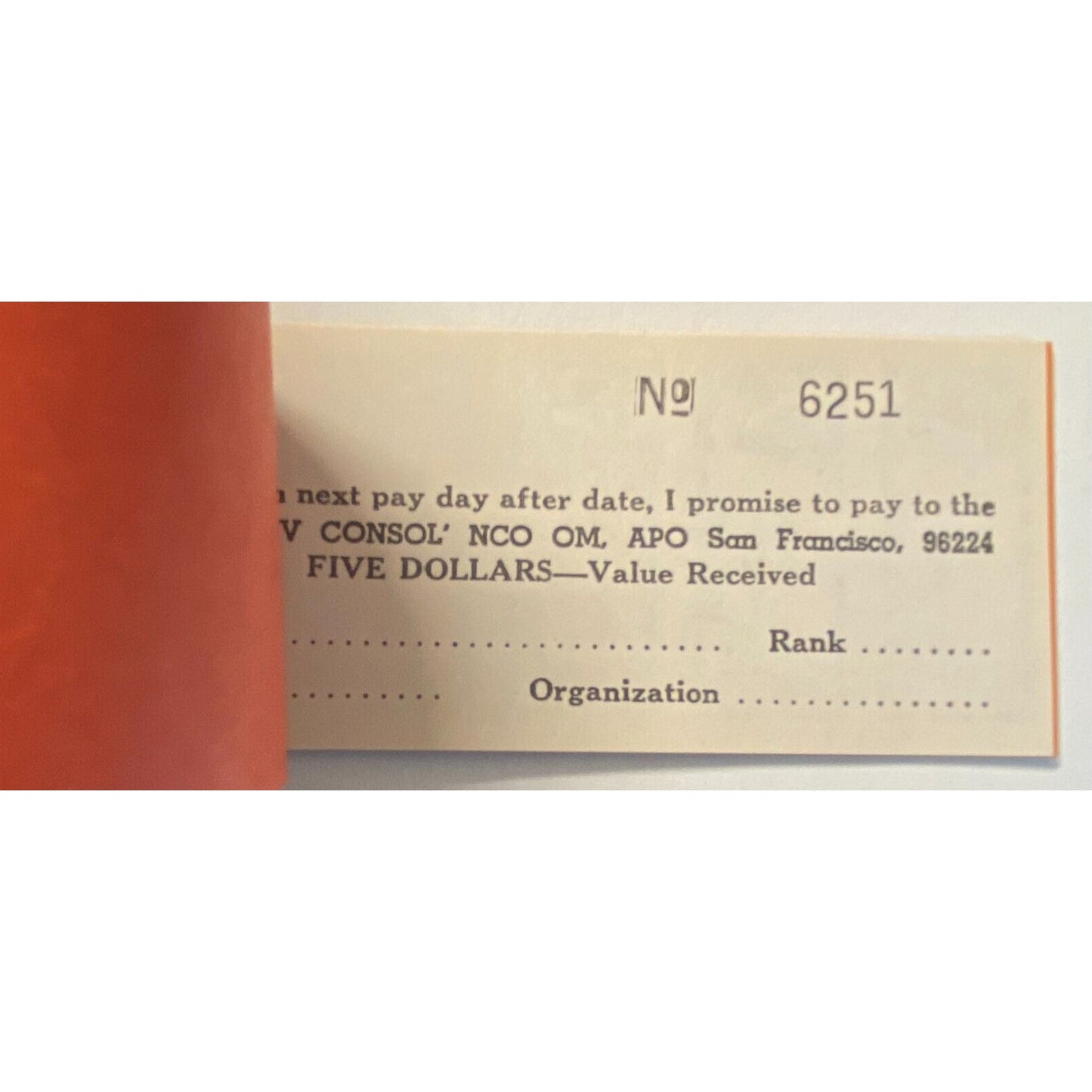Korea 2nd Inf. Div. Consol' NCO Open Mess Partial $5.00 Coupon Booklet #6251 VGC