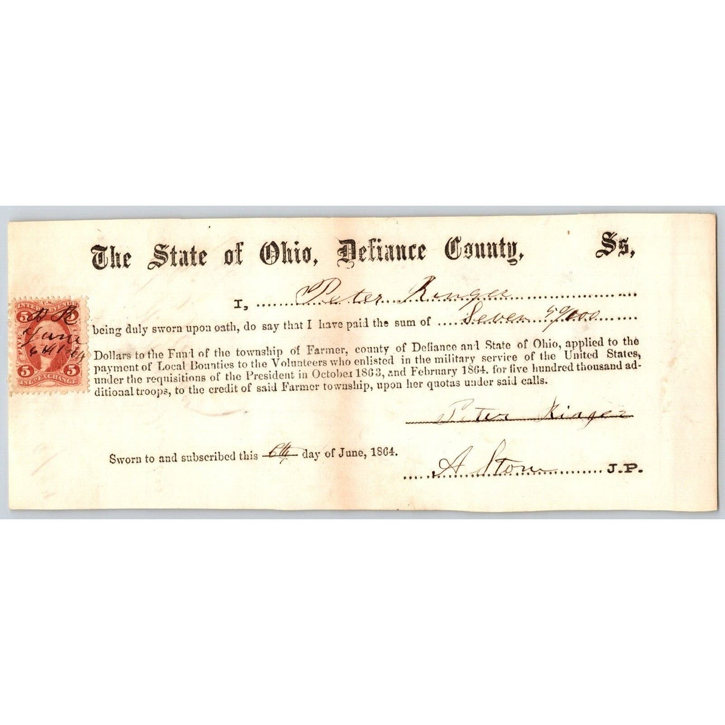 Civil War Farmer Township, OH Defiance 1864 Bounty Receipt - Peter Ringer