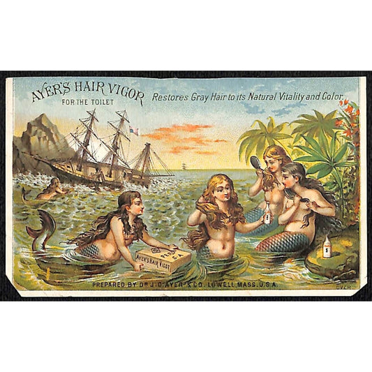 Ayer's Hair Vigor Victorian Trade Card w/ Mermaids Brush Hair Near Ship Wreak