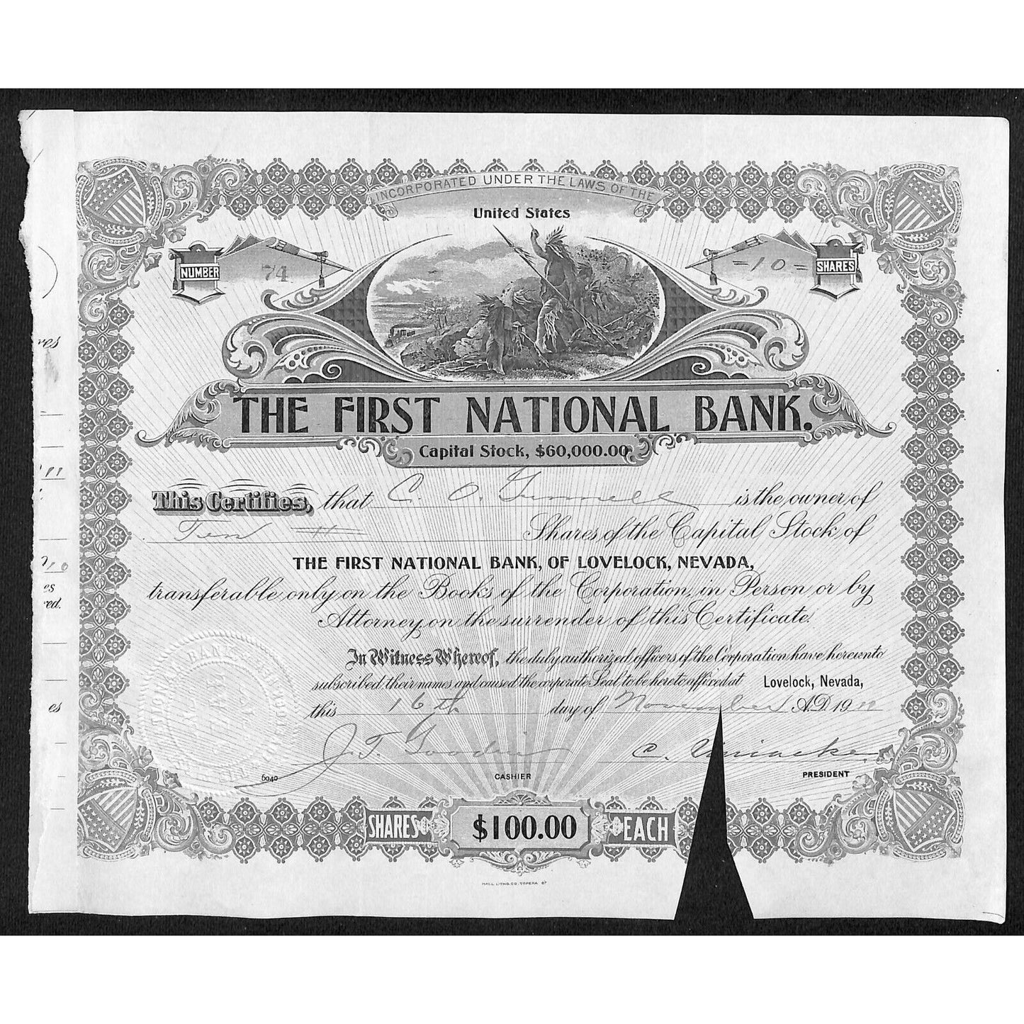 First National Bank of Lovelock, NV 1911 Stock Certificate to C.O. Gunnell *