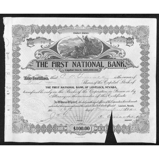 First National Bank of Lovelock, NV 1911 Stock Certificate to C.O. Gunnell *
