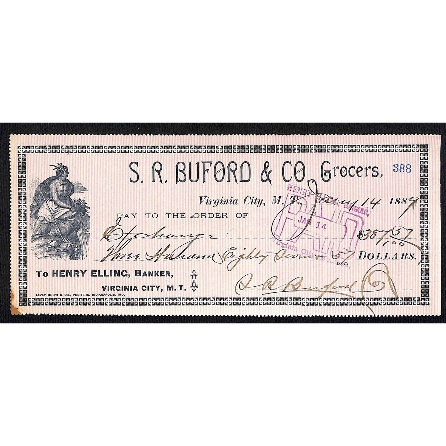 1889 Henry Elling Virginia City Montana Territory S.R. Buford Grocers Check #388