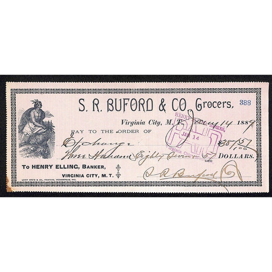1889 Henry Elling Virginia City Montana Territory S.R. Buford Grocers Check #388