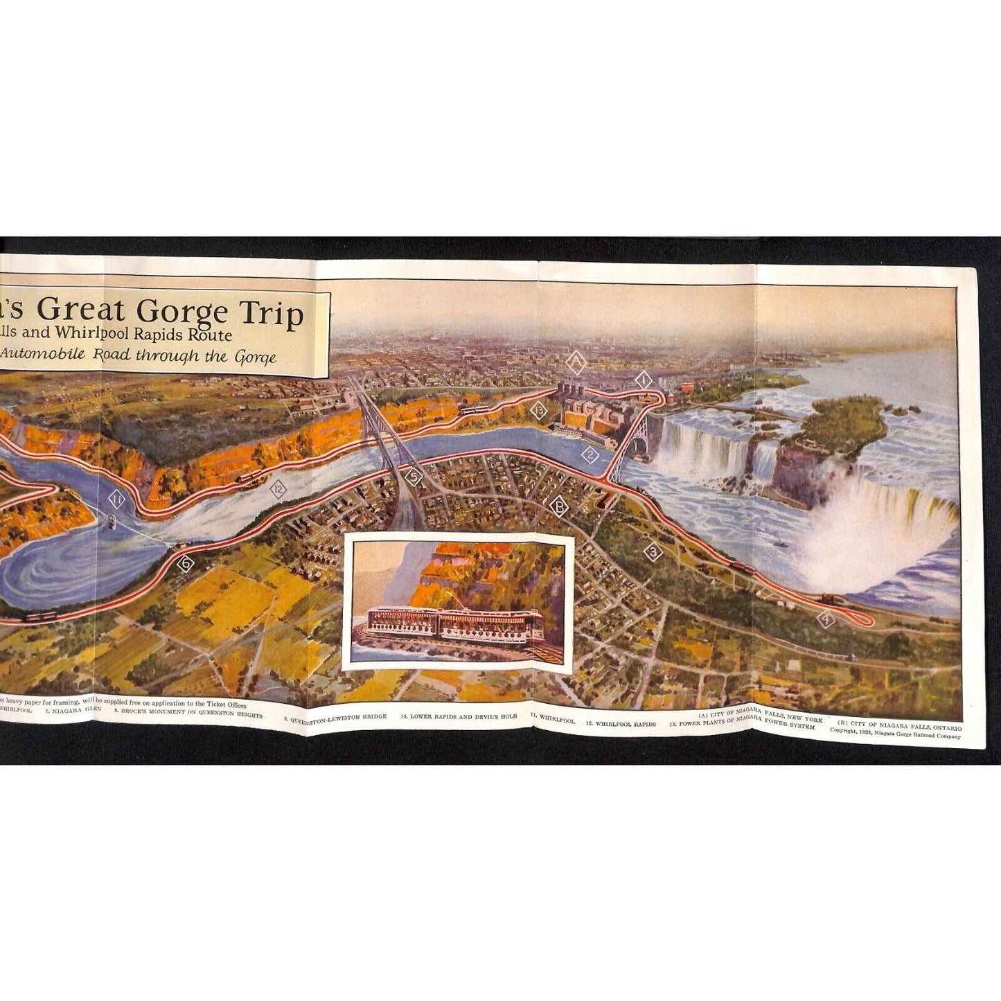 "Niagara's Great Gorge Trip" 1928 The Falls & Whirlpool Rapids "No Autos" Map