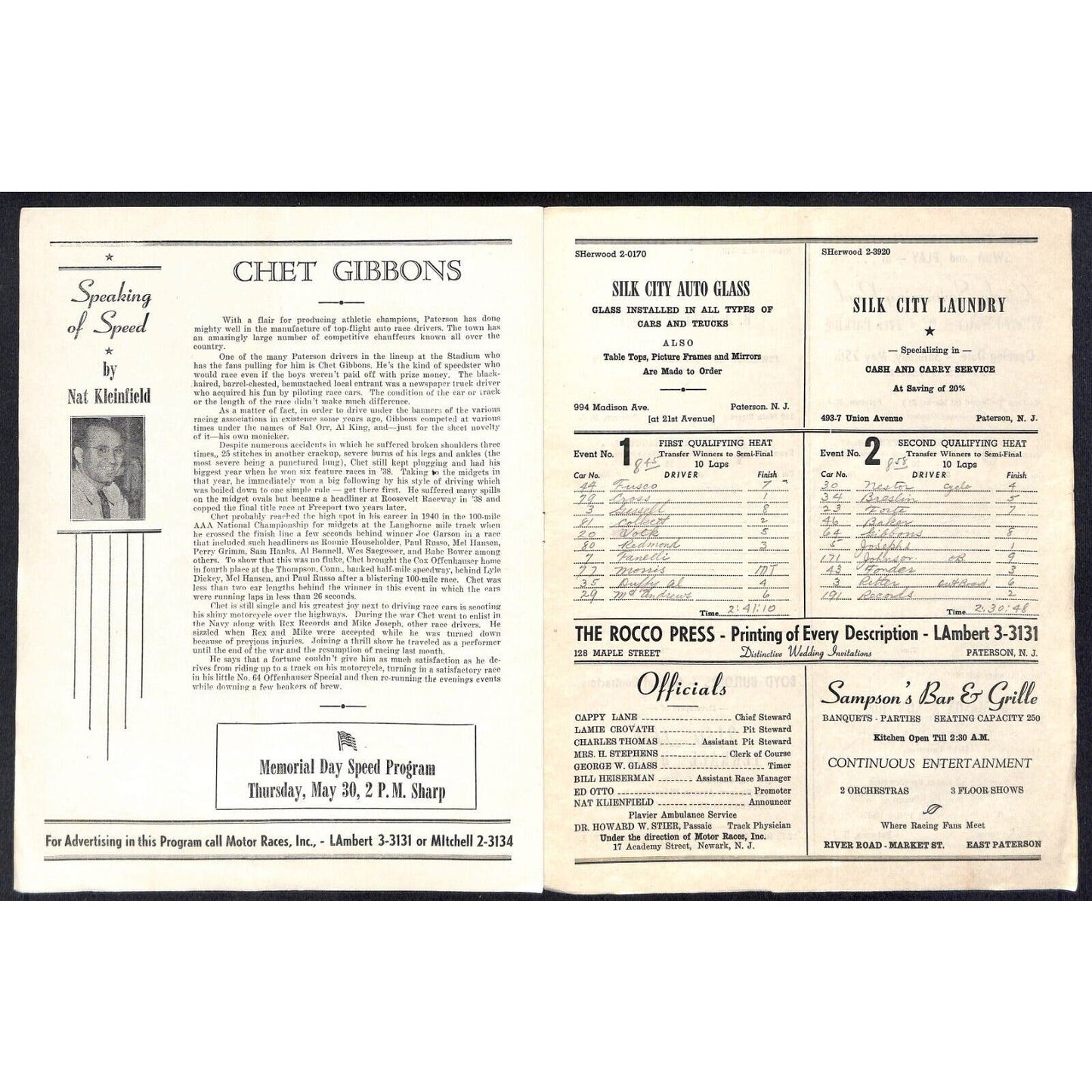 Hinchliffe Stadium Midget Auto Races 5/22/1946 Program Chet Gibbins 4pp Scarce