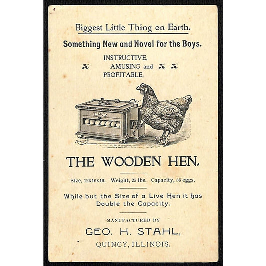 "The Wooden Hen" Geo. H. Stahl Quincy, IL Victorian Trade Card "The Kid Farm"