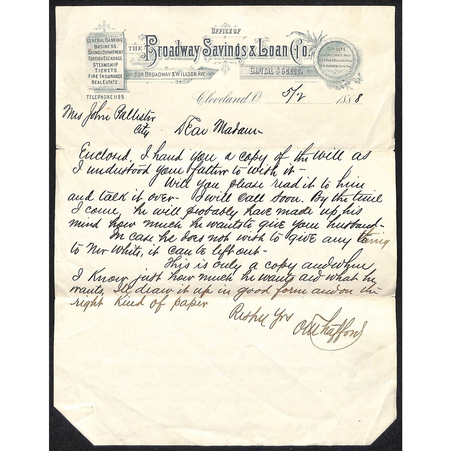 Broadway Savings & Loan Co. Cleveland 1888 Letterhead re: Will Scarce