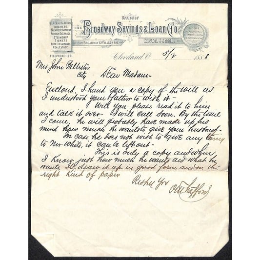 Broadway Savings & Loan Co. Cleveland 1888 Letterhead re: Will Scarce