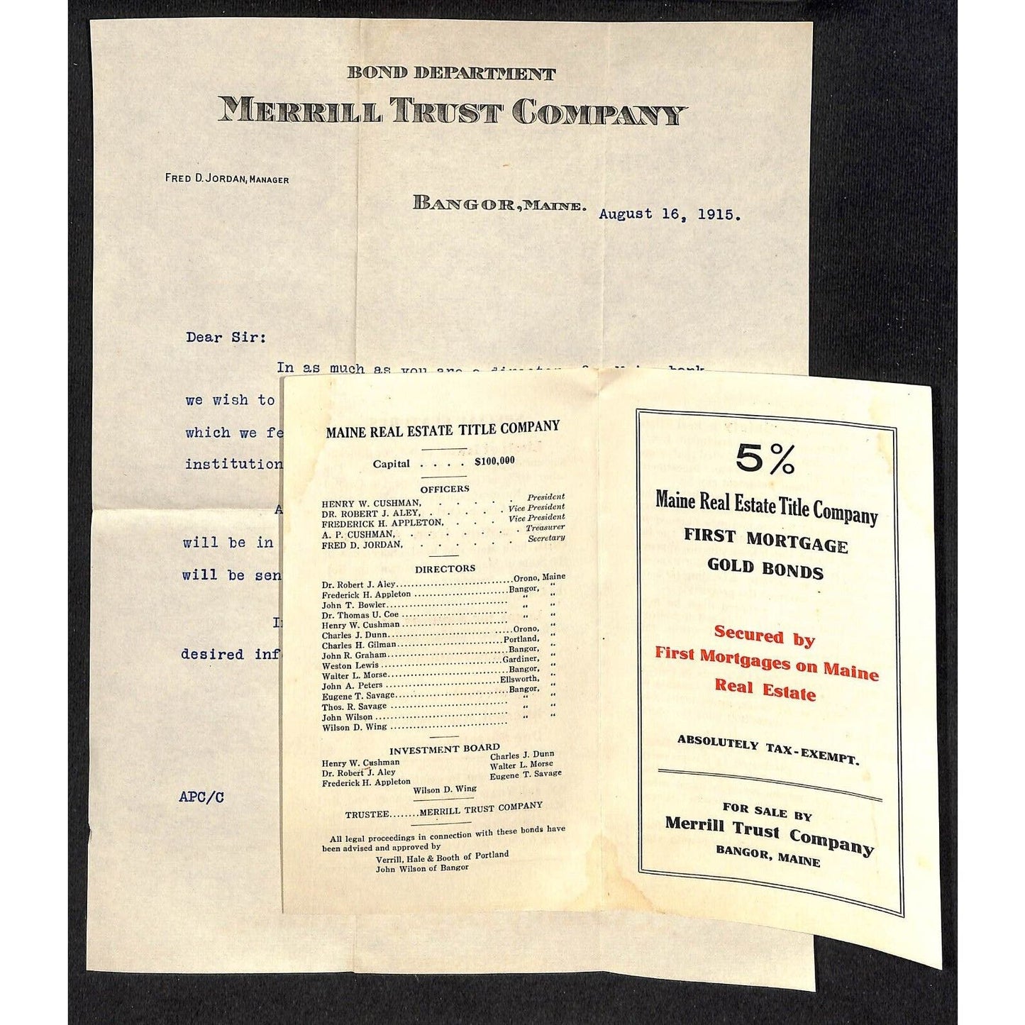 Bangor, ME Merrill Trust 1915 Bond Department Letterhead, Circ & Cover Knowlton*