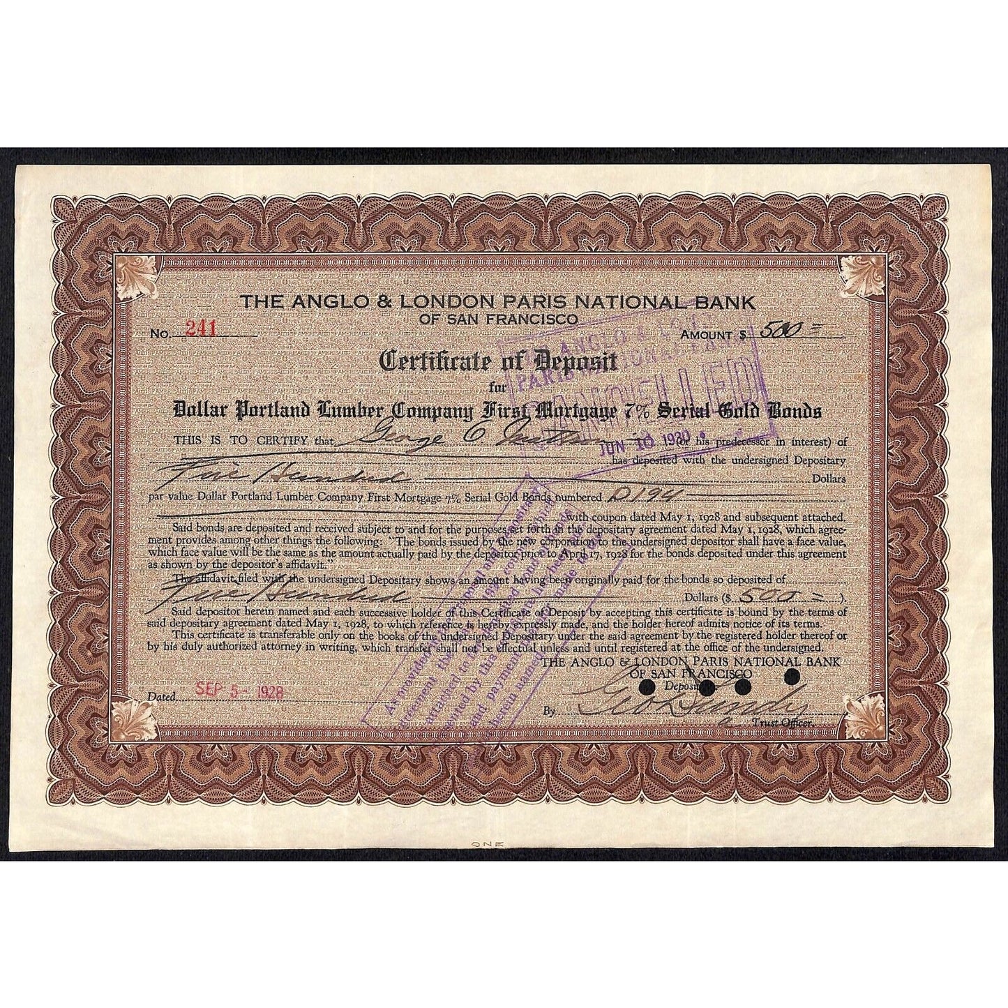 Anglo & London Paris National Bank of S.F. 1928 Certificate of Deposit Mattson