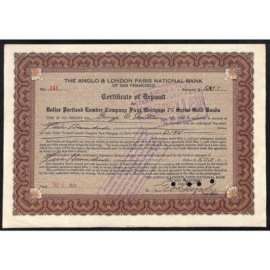 Anglo & London Paris National Bank of S.F. 1928 Certificate of Deposit Mattson