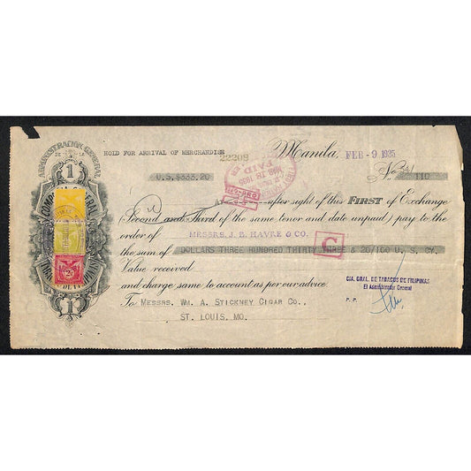 1935 Manila J.B. Harve & Co. / Stickney Cigar Co. First of Exchange #22208