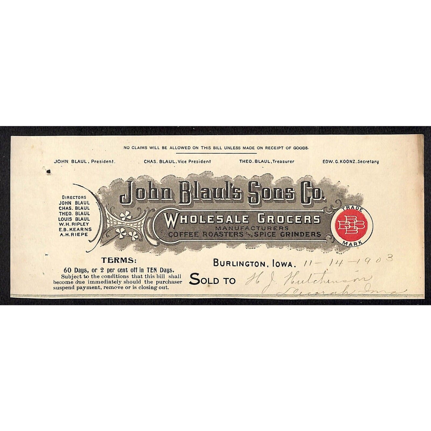 John Blaul's Sons Grocers Burlington IA Hutchinson* 11/14 1903 Cut Billhead