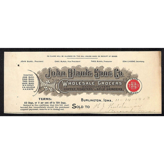 John Blaul's Sons Grocers Burlington IA Hutchinson* 11/14 1903 Cut Billhead