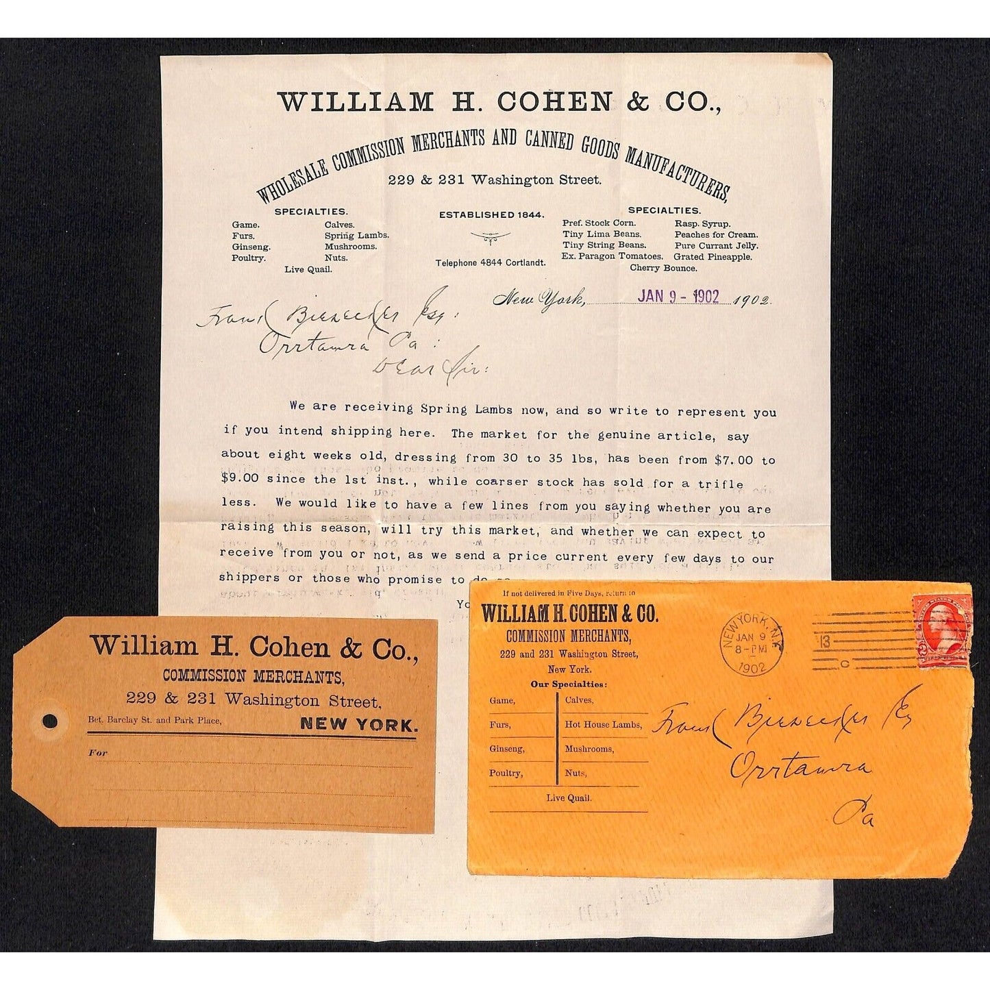 1902 William H. Cohen Merchants Washington St. NYC ALS Letterhead, Cover and Tag