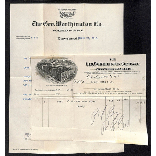 Geo. Worthington Hardware Samuel Wang Co* North Georgetown 1912 Billhead 1913 LH