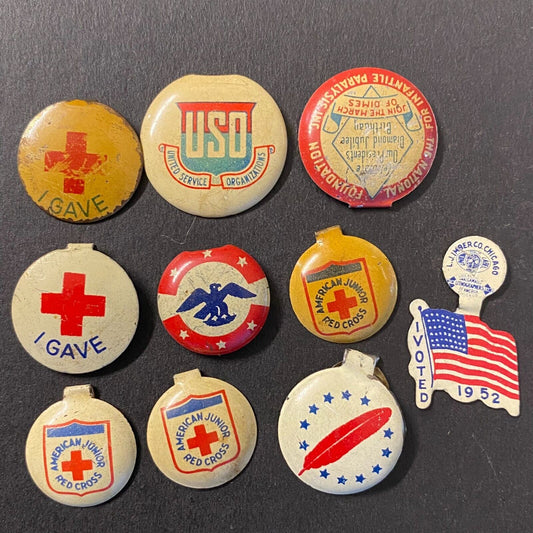 Group of 10 Small Steel Fold Over Pins USO Red Cross U.S. Flag March of Dimes