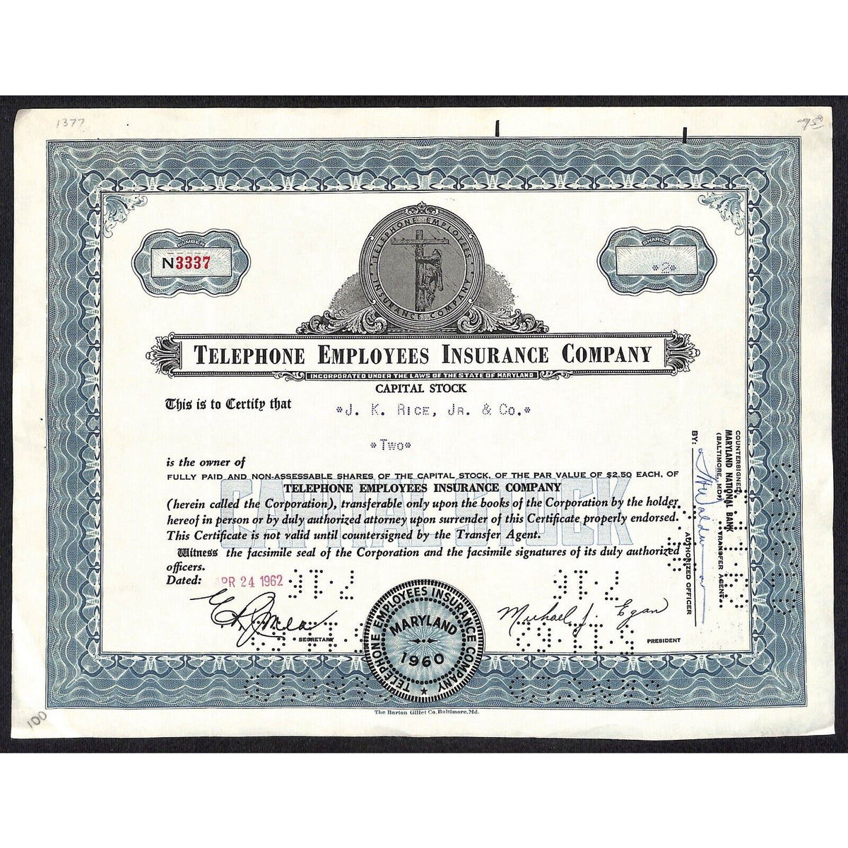 Telephone Employees Insurance Co. 1962 Stock Certificate J.K. Rice Jr. & Co.