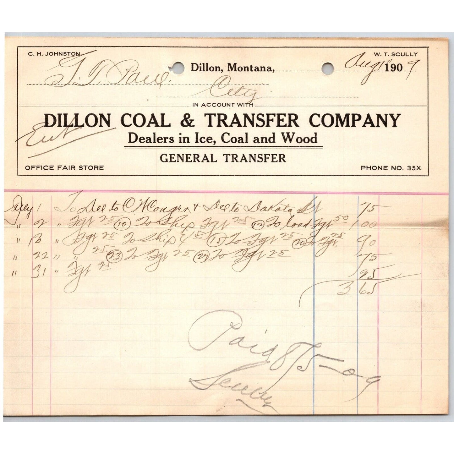 Dillon, MT Dillon Coal & Transfer Co Ice Wood Aug 1909 Billhead G.T. Paul*