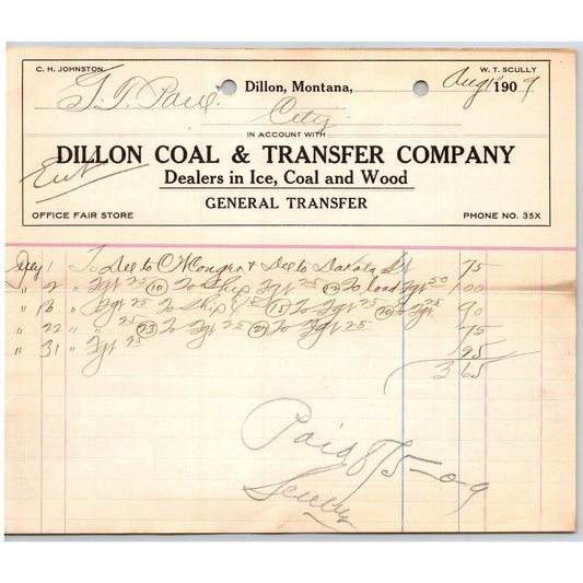 Dillon, MT Dillon Coal & Transfer Co Ice Wood Aug 1909 Billhead G.T. Paul*