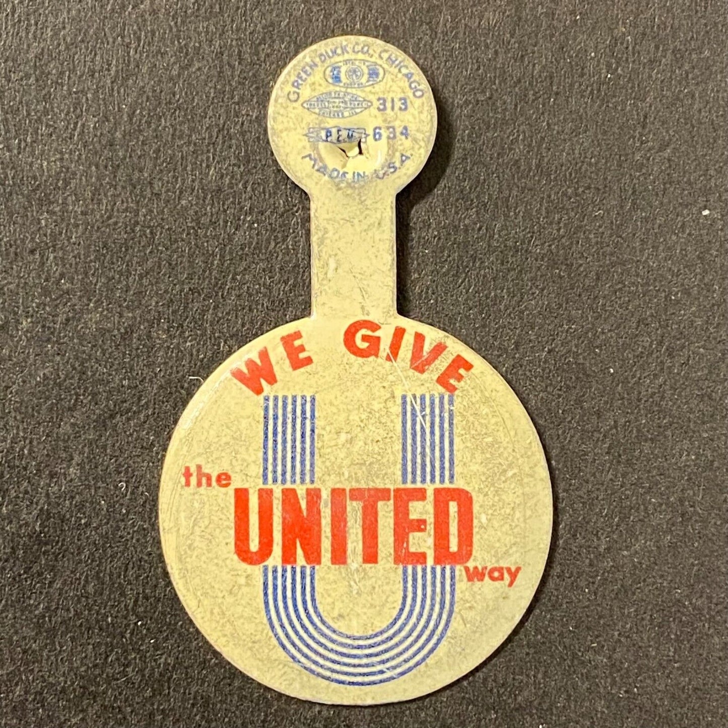 "We Give the United Way" Steel Fold Over Pin c1952-60's VGC 3/4" Green Duck