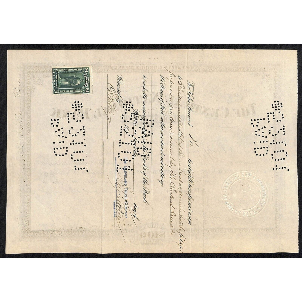 Central National Bank of Cleveland 1900 Stock Certificate to The Cleveland Trust