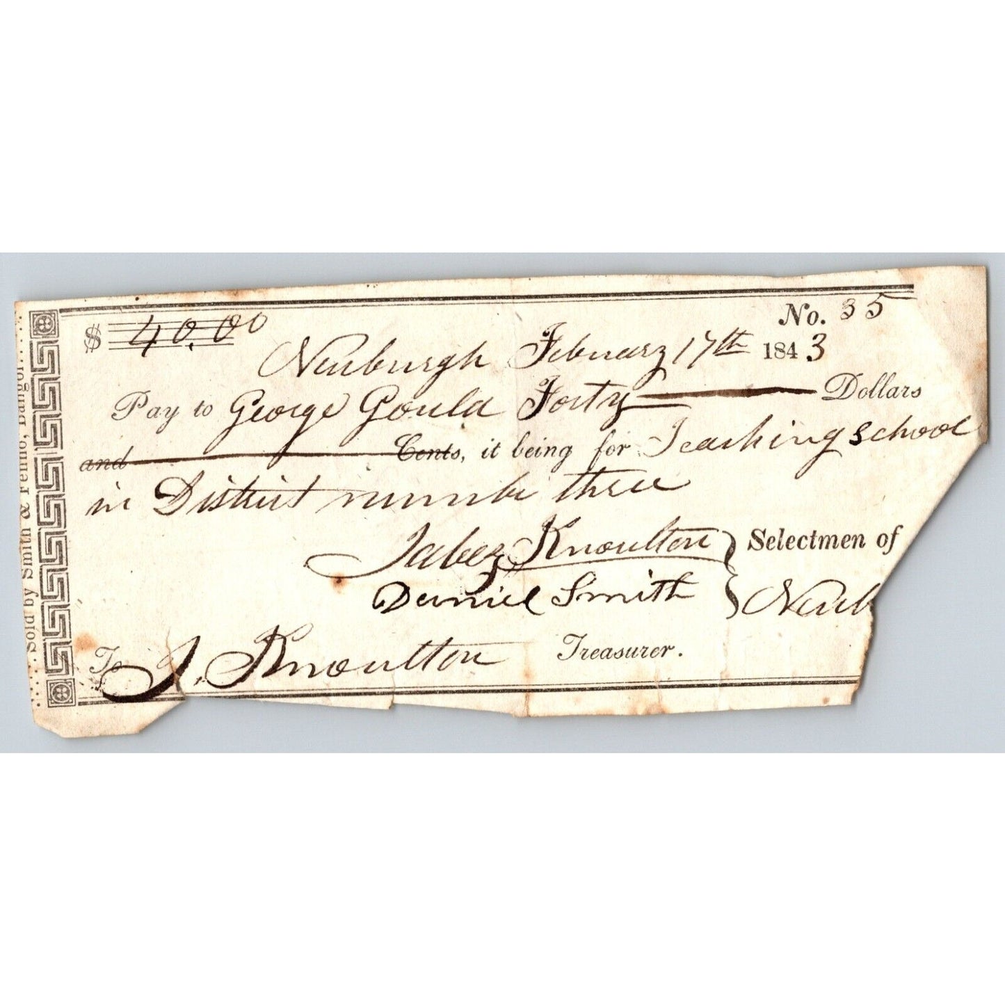 1843 Jabez Knowlton* Newburgh, ME - Town Check / Draft to George Gould No. 35