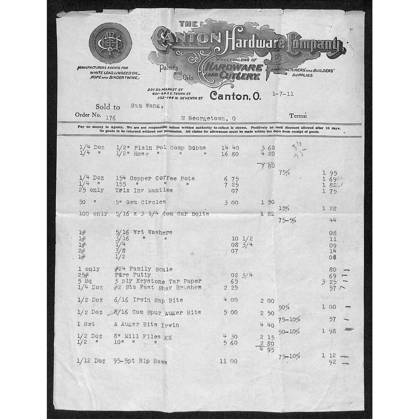 Canton Hardware Co. Ohio 1911 Billhead Samuel Wang* N. Georgetown, OH