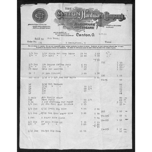 Canton Hardware Co. Ohio 1911 Billhead Samuel Wang* N. Georgetown, OH
