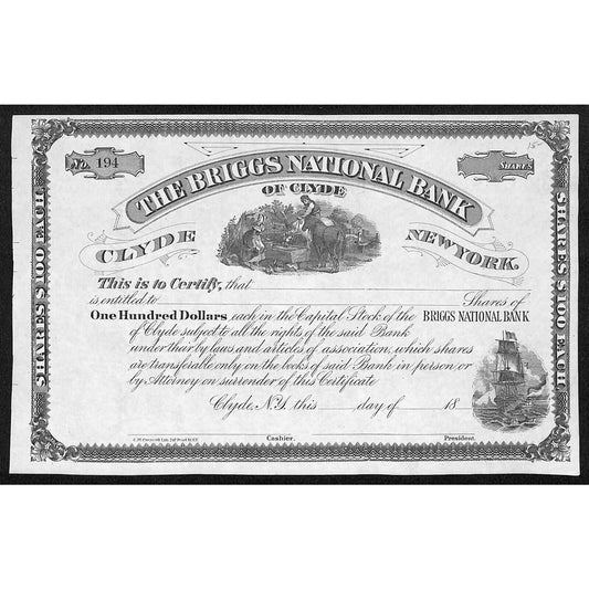Briggs National Bank Clyde, NY (Est. 1880) Stock Certificate Unissued VGC Scarce