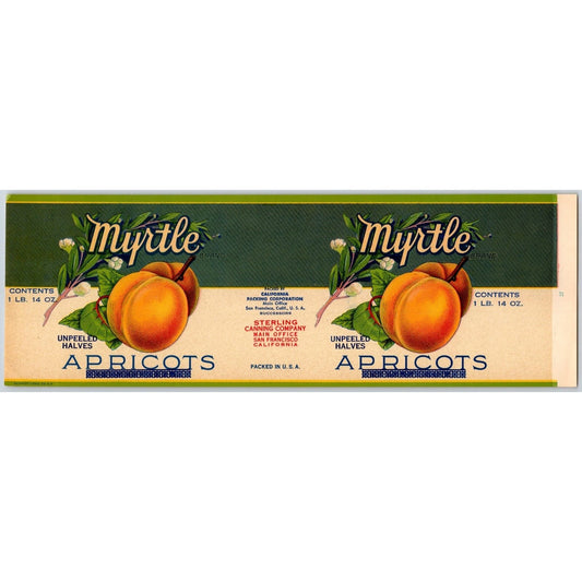 Apricots Myrtle Brand Sterling Canning Co. Paper Can Label c1930's NOS / VGC