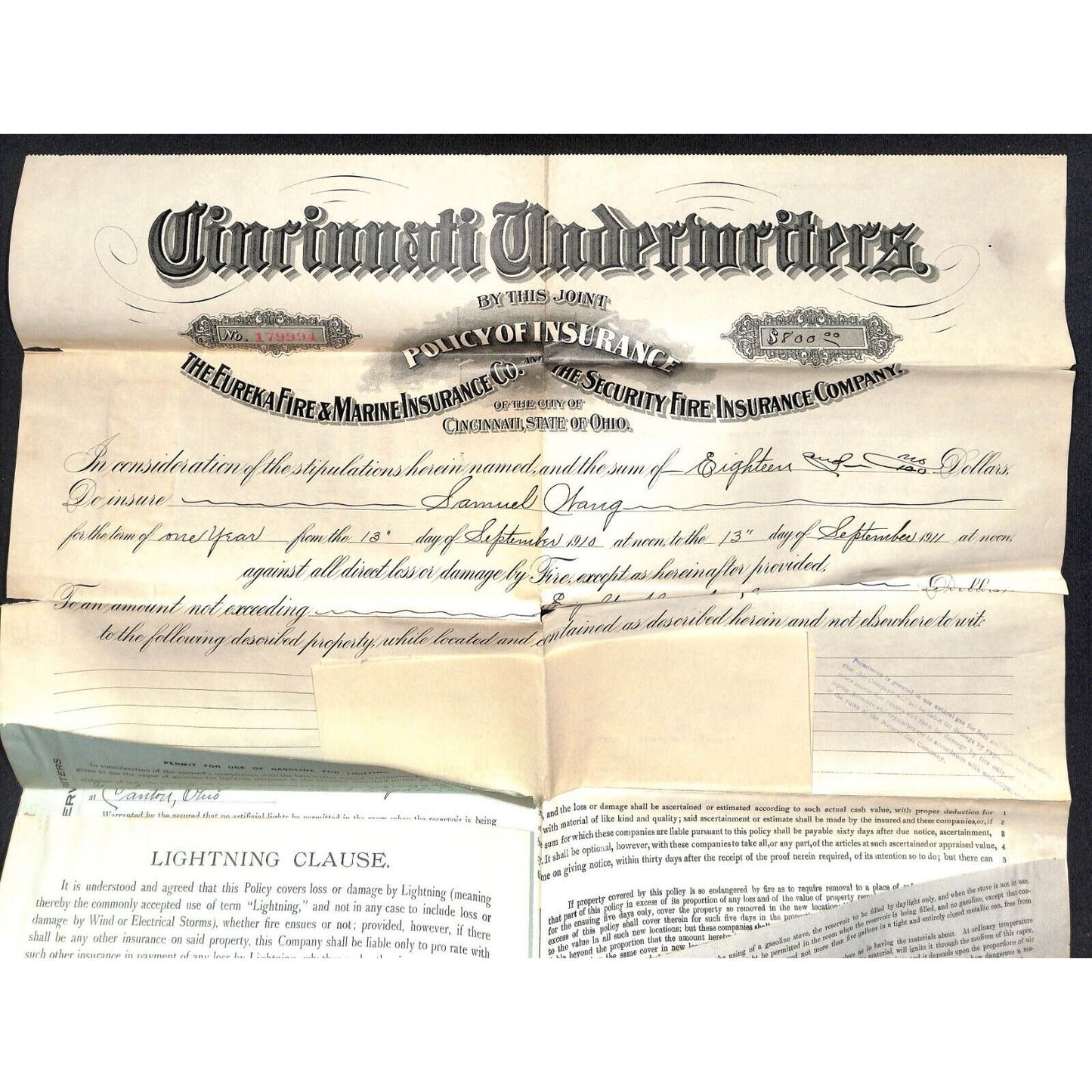Eureka Fire & Marine Insurance Samuel Wang Co* North Georgetown 1911 Policy
