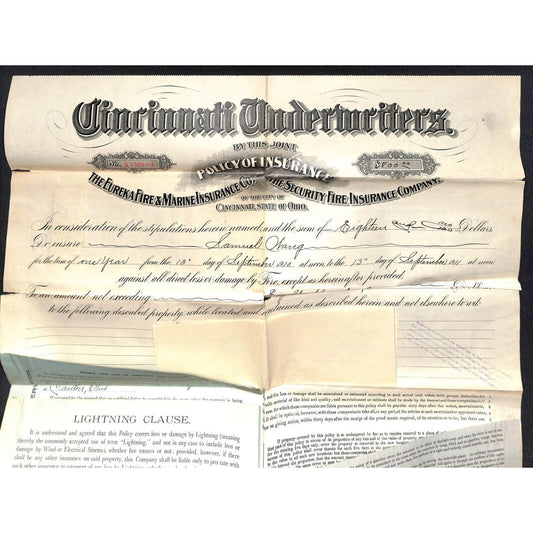 Eureka Fire & Marine Insurance Samuel Wang Co* North Georgetown 1911 Policy