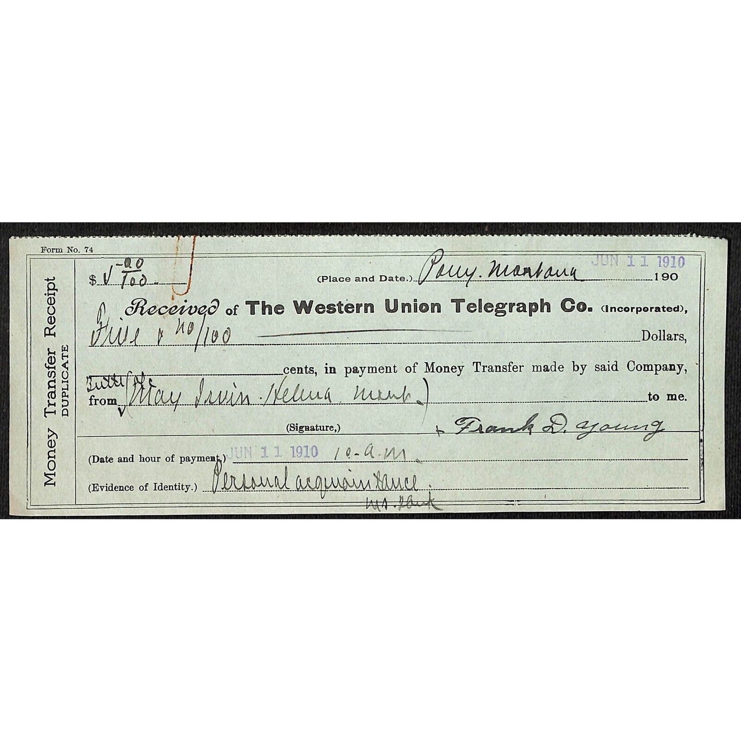 Western Union Telegraph Pony, MT 1910 Money Transfer Receipt for $5 VGC