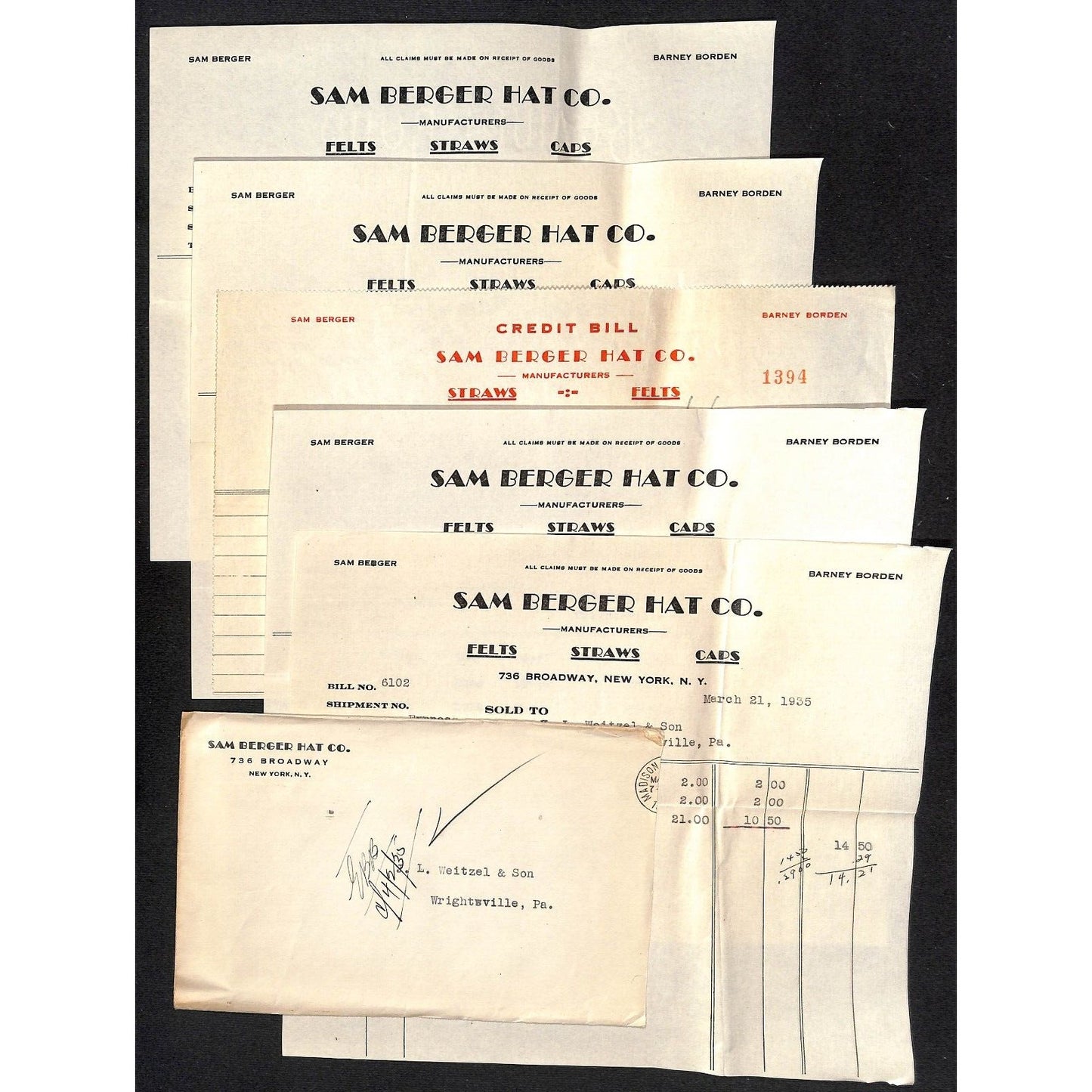 Sam Burger Hat Co. 736 Broadway NYC / Weitzel 1935 5 Billheads+ Cover