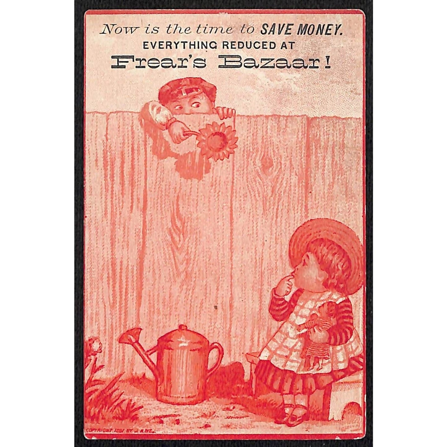 Frear's Bazaar Discount Dress Goods Victorian Trade Card Boy Offers Girl Flower