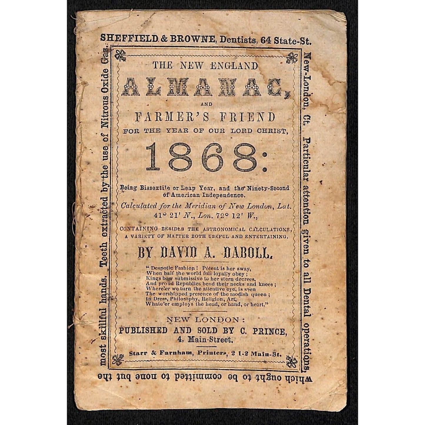 1868 New England Almanac and Farmer's Friend C. Prince, New London 29pp* Scarce