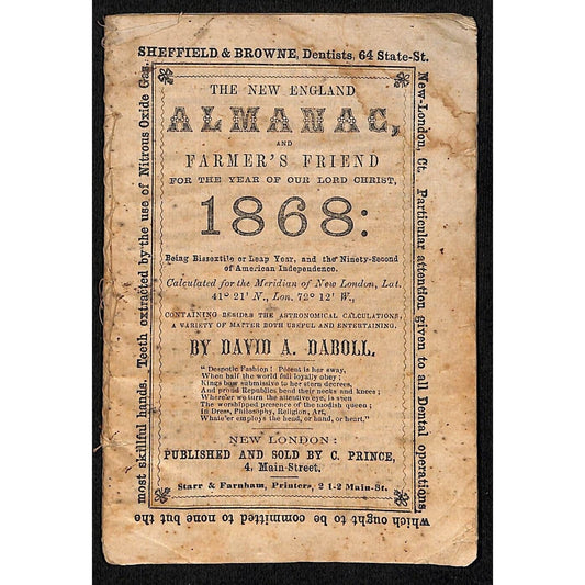 1868 New England Almanac and Farmer's Friend C. Prince, New London 29pp* Scarce