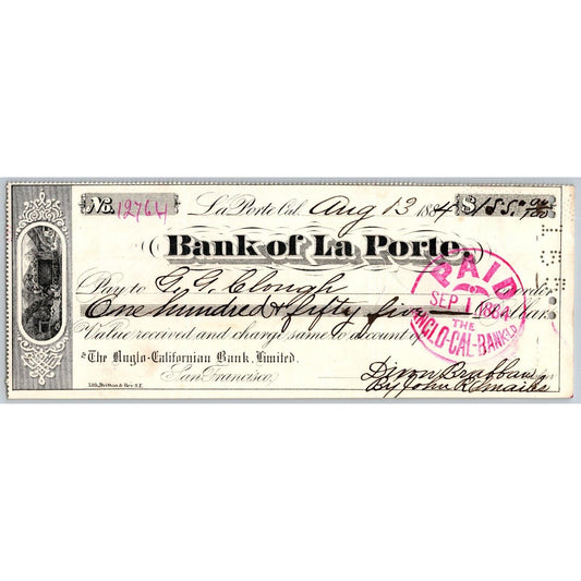 Bank of La Porte Check G.G. Clough 1884 Mining Vignette #12764