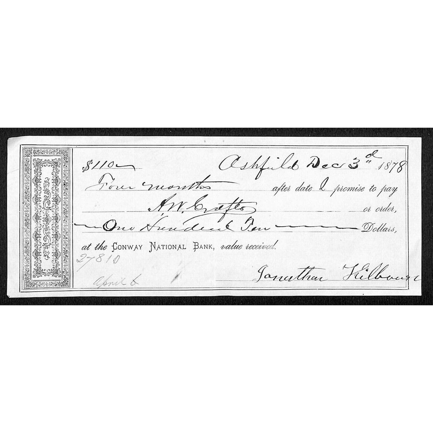 1878 Conway National Bank Greenfield MASS A.W. Crofts $110 Promissory Note
