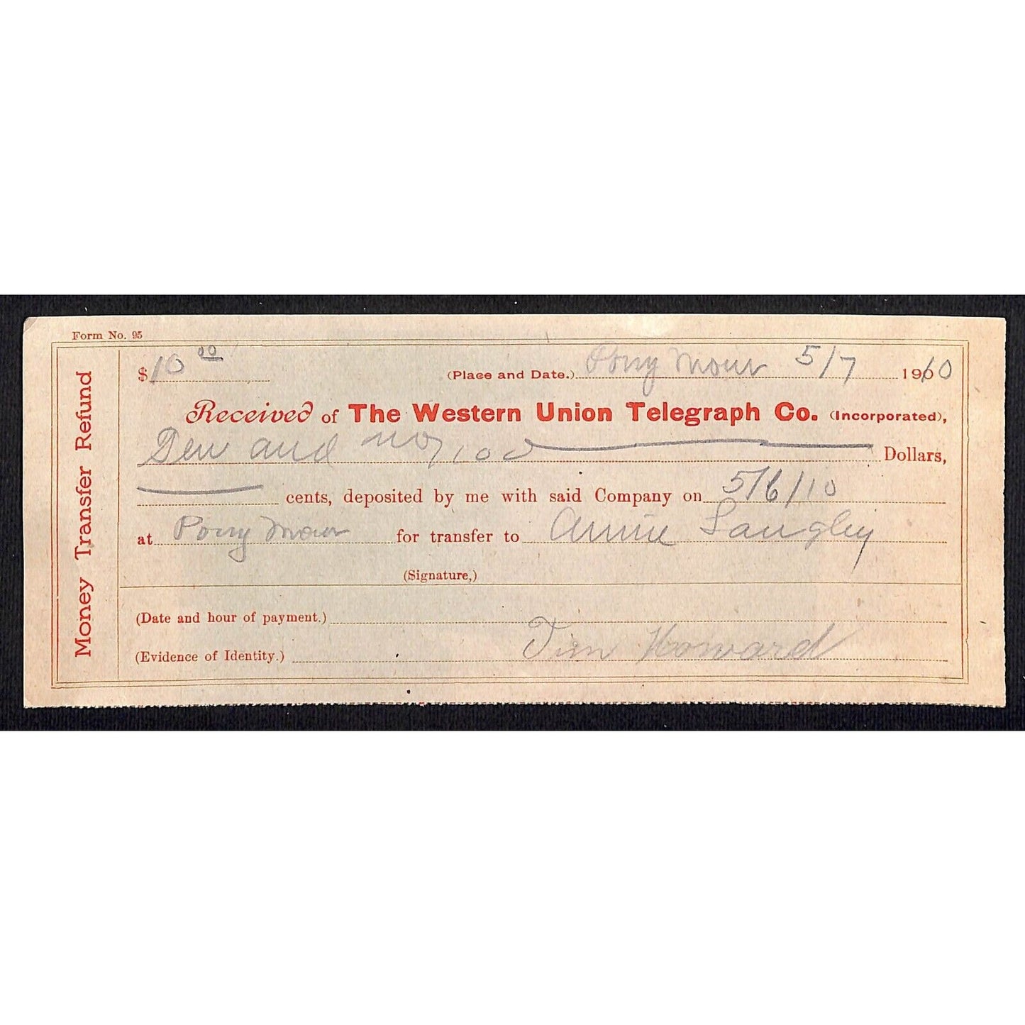 Western Union Telegraph 1910 Pony Montana Money Transfer Refund Receipt