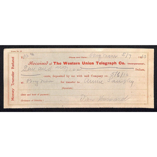 Western Union Telegraph 1910 Pony Montana Money Transfer Refund Receipt