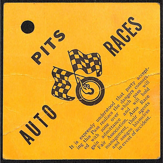 Fair Association Auto Races Pit Pass / Auto Racing c1940's - Scarce