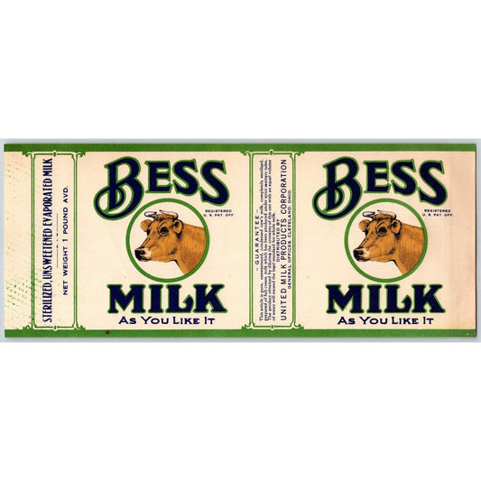 Bess Milk United Milk Producers Corp. Cleveland Paper Can Label c1920's w/ Cow