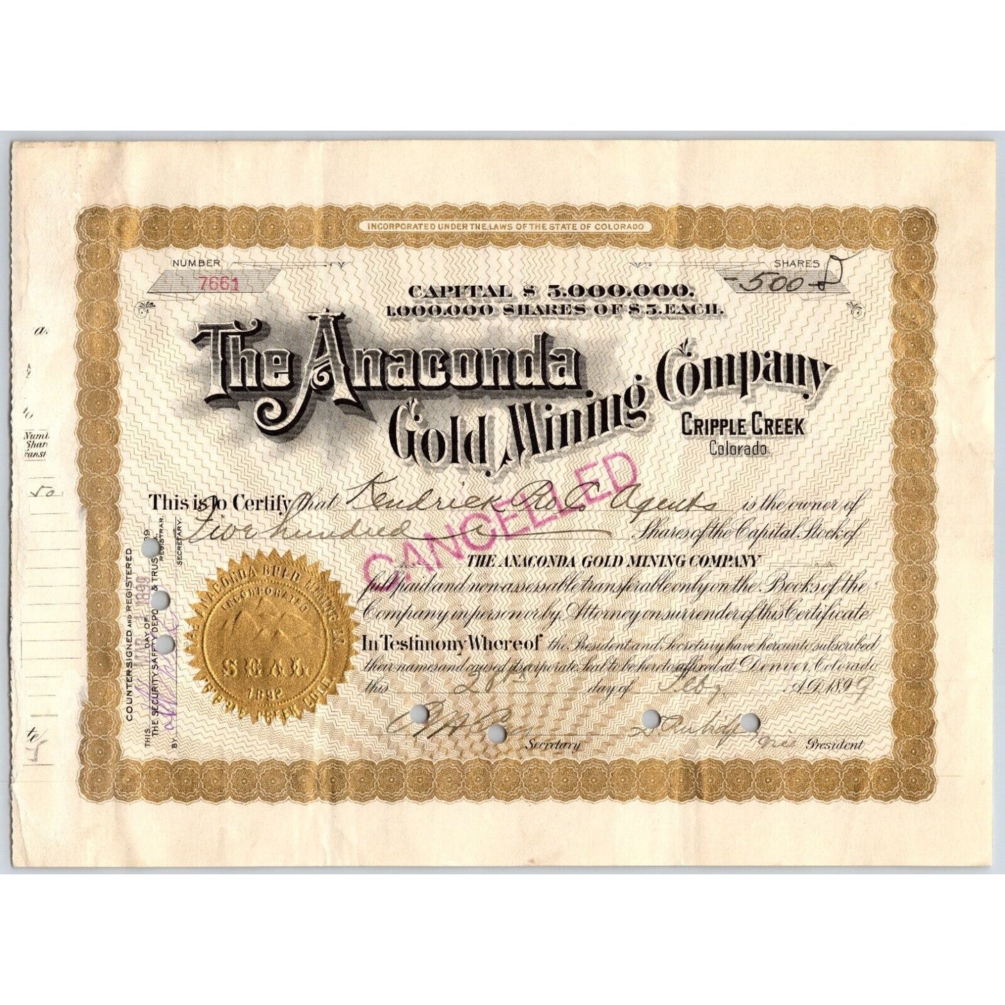 Anaconda Gold Mining Company 1899 Stock Certificate Cripple Creek District #7661